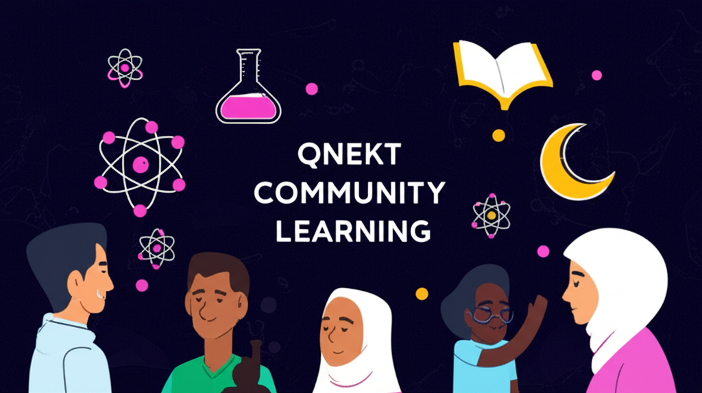 Animated illustration of the Qnekt community learning together with symbols of science and faith