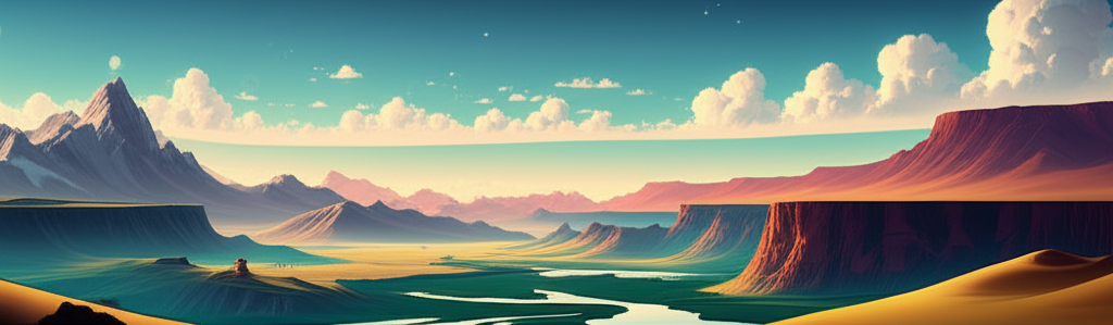 Detailed illustration of various geographical landforms like mountains, valleys, and plateaus